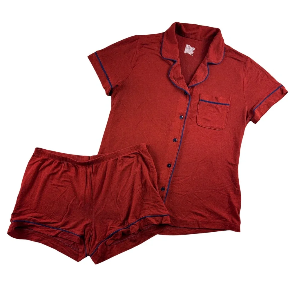 Chicano Omalleo Pajama Set Women's Small Red Blue Trim Lounge Sleepwear‎